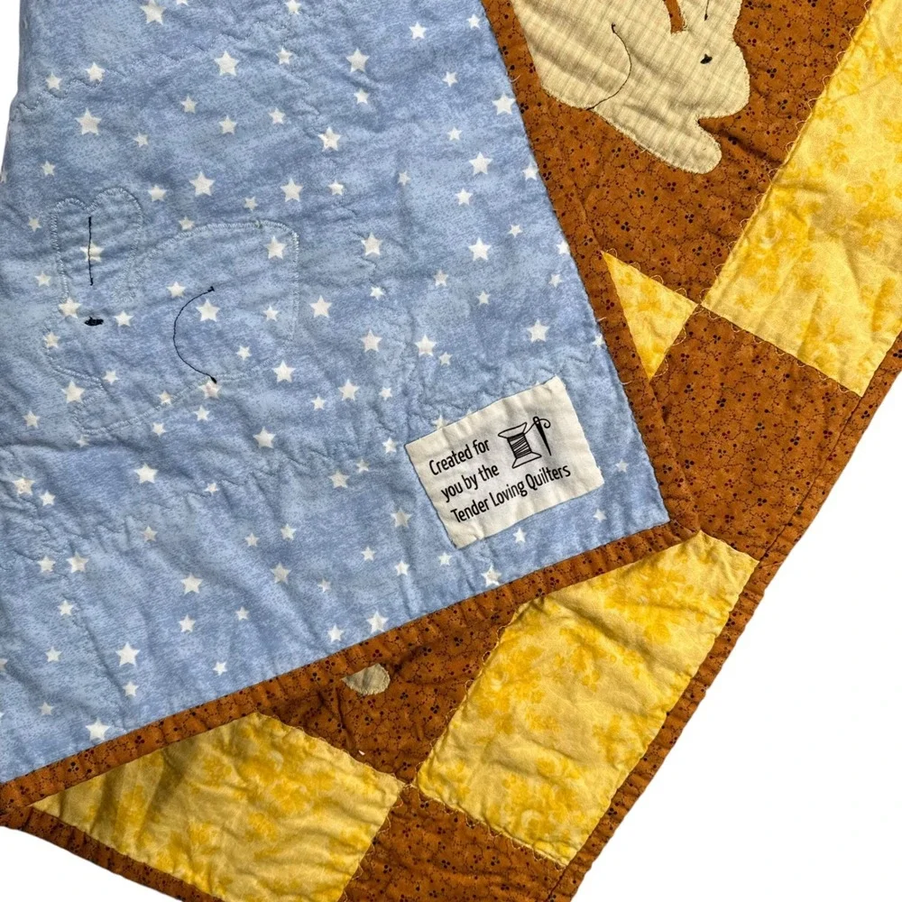 Tender Loving Quilters Handmade Baby Quilt Bunny Rabbit Stars Brown Yellow 25x36